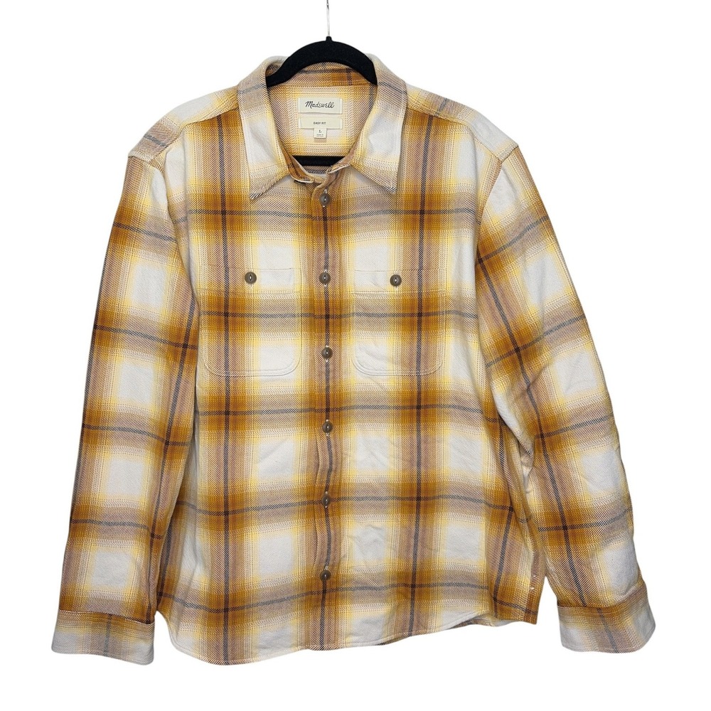 Madewell Mens Easy Fit Plaid Twill Shirt Mustard Yellow Cream Large‎ L Button Up